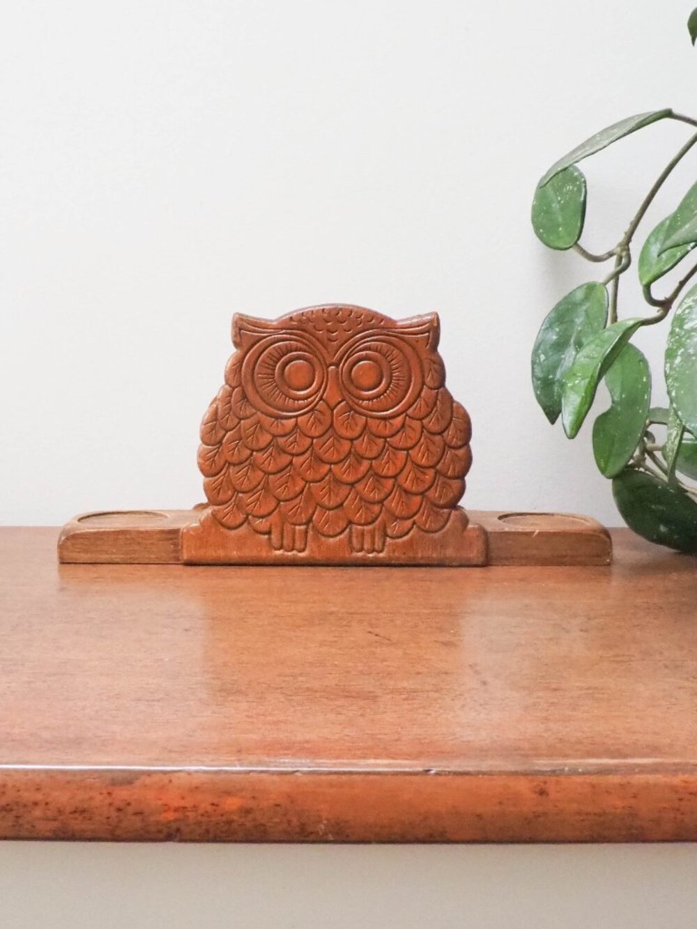Vtg Wooden Owl Napkin Holder - 70s Carved Owl Shaker Holder  - Mail Organizer